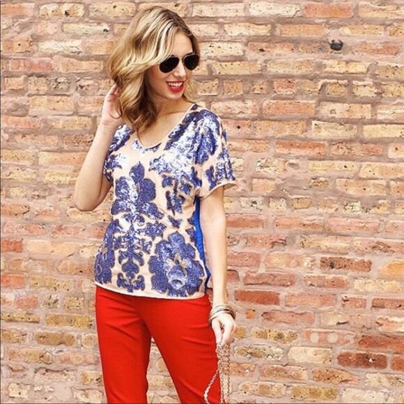 Tracy Reese Neiman Marcus + Target | Tan with Blue Sequins Relaxed Fit Blouse - Picture 1 of 14